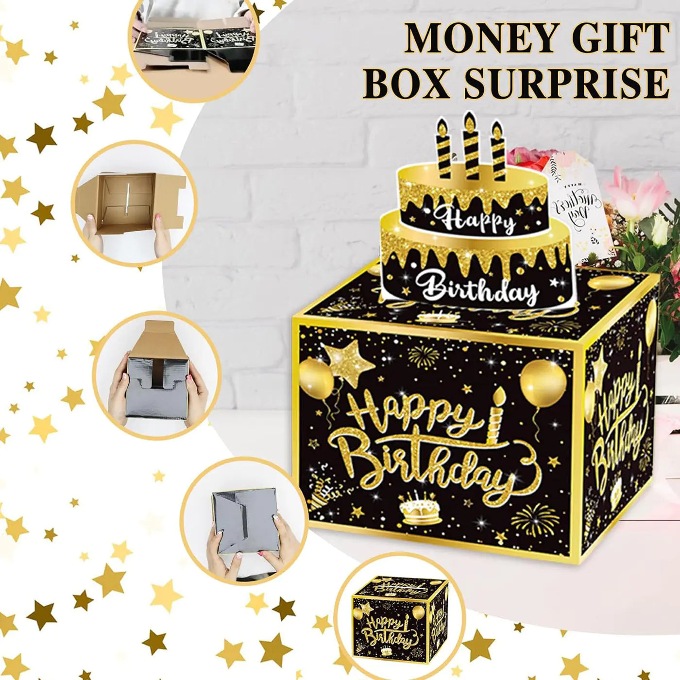 Black and Gold Money Box for Birthday Party Decor