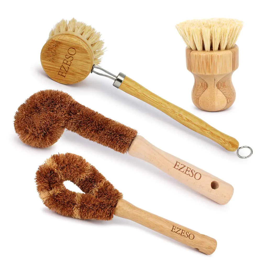 Natural Kitchen Brush Bamboo Dish Scrub Brush Ezeso Cleaning Brush Set 4 Piece Wooden Pot Cleaning Brush Bottle Brush